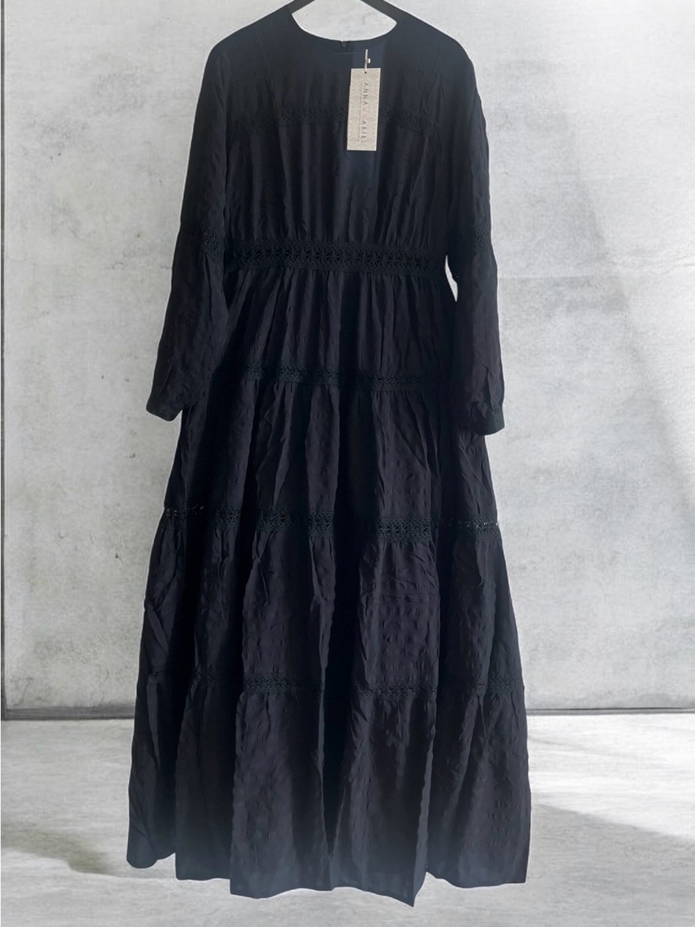 Anna Hariri black & Navy checkered maxi dress with lace trim size US 16